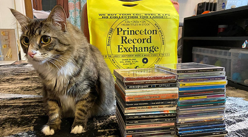 A photo of CD&rsquo;s on shelf at Prex.